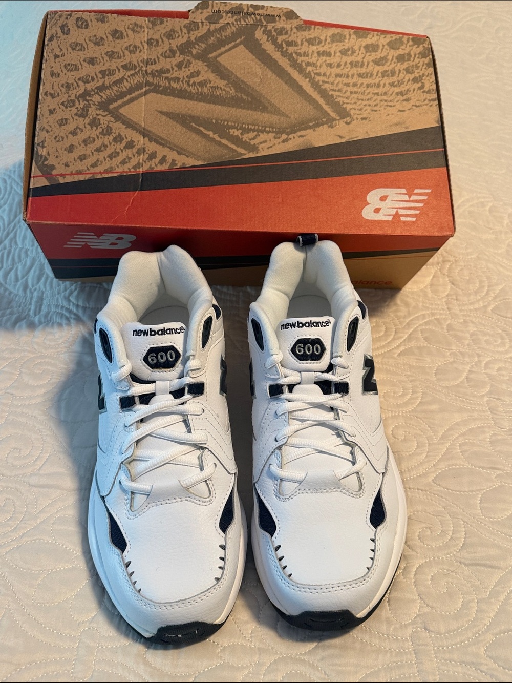 New Balance White and Dark Navy 600 Mena Athletic Sneakers